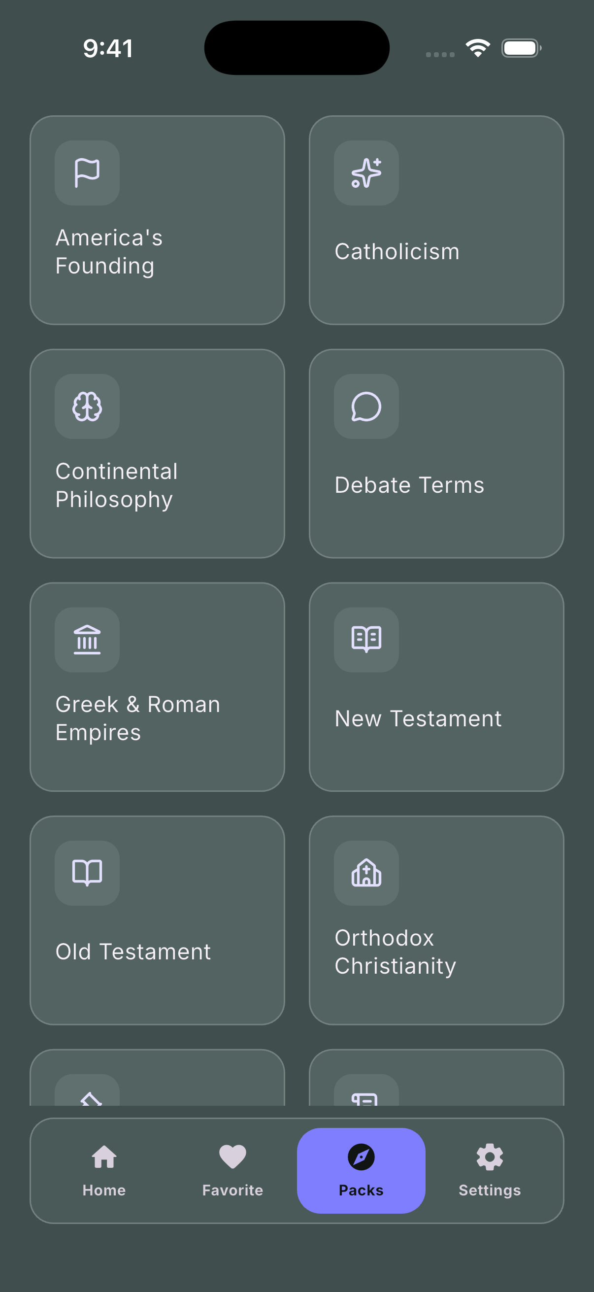 PowerVocab pack library showing history, philosophy, debate, and religious vocabulary collections