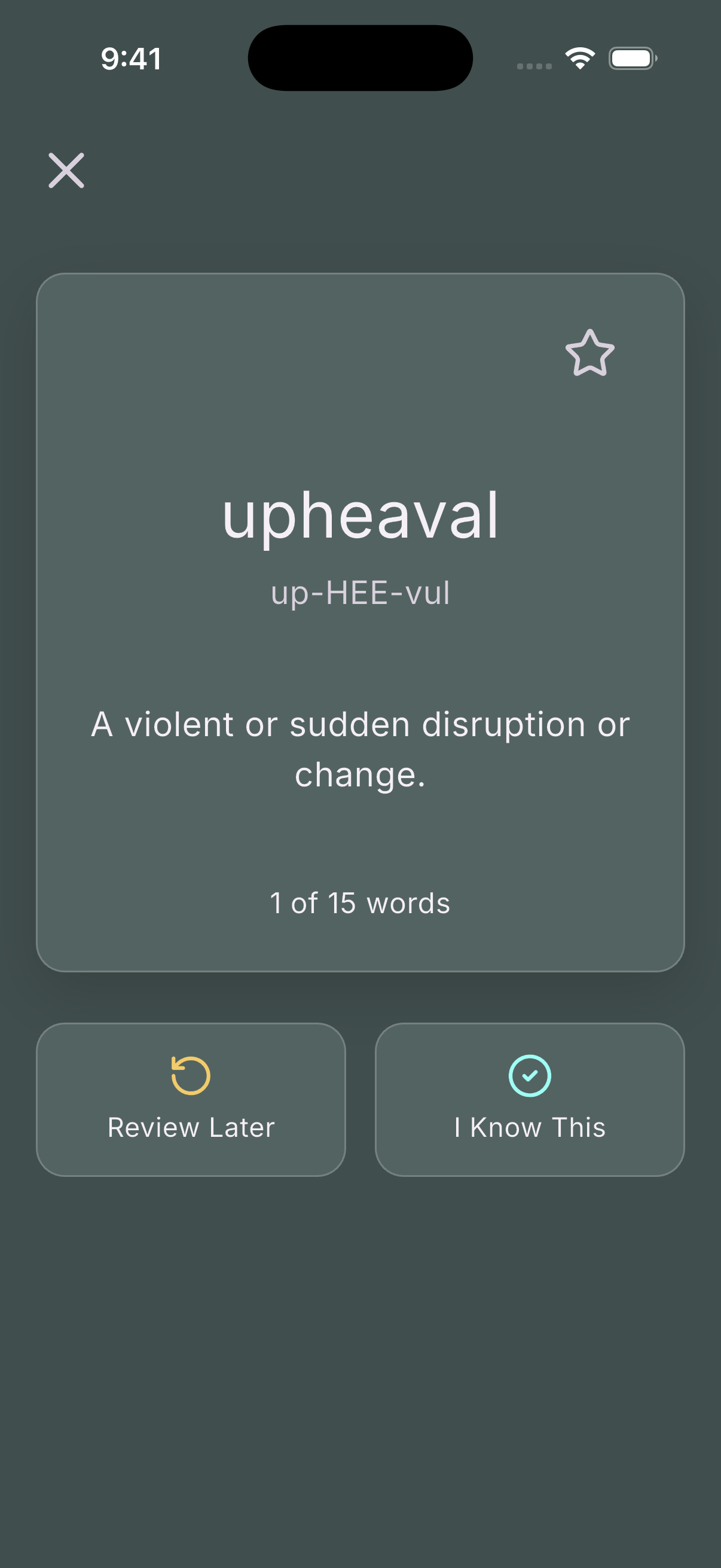 Full Stack Shuffle flashcard showing the word upheaval